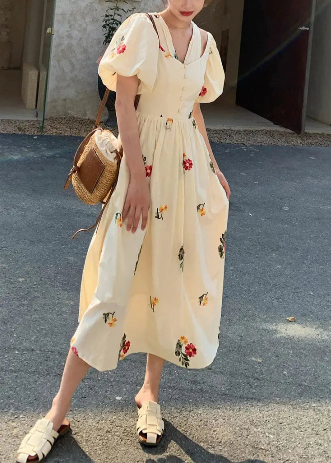 Loose Beige Embroidered False Two Pieces Cotton Dresses Summer