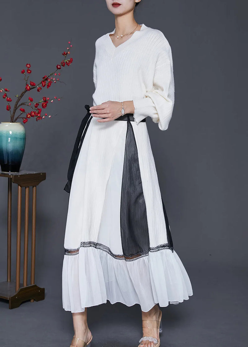 Style White V Neck Patchwork Knit Sweater and Skirt Two Pieces Set Spring