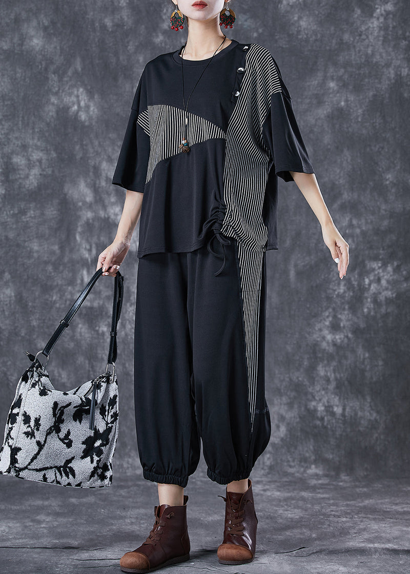 Black Cinched Patchwork Striped Cotton Two Piece Set Summer