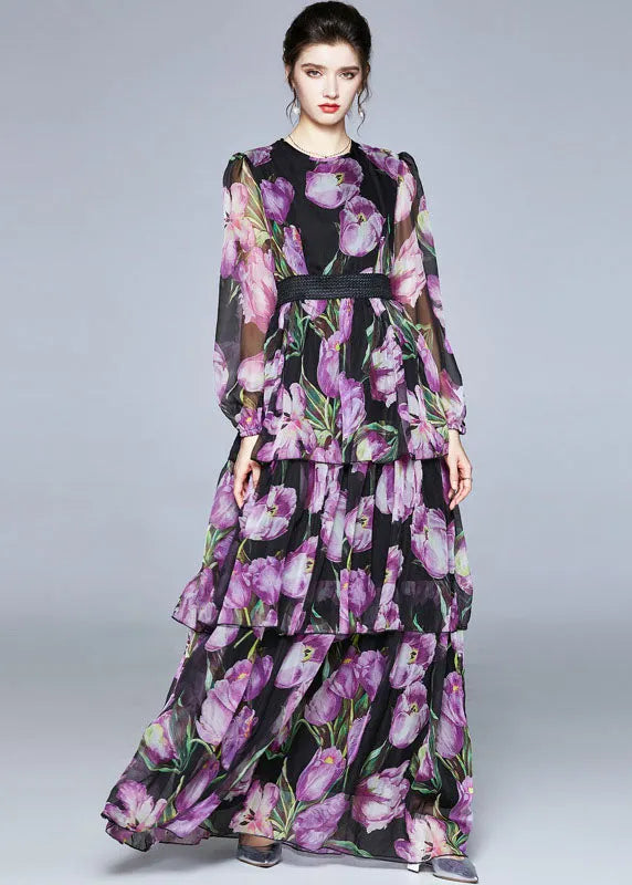 Boutique Purple Print O-neck Layered Design Chiffon Long Dresses Fall