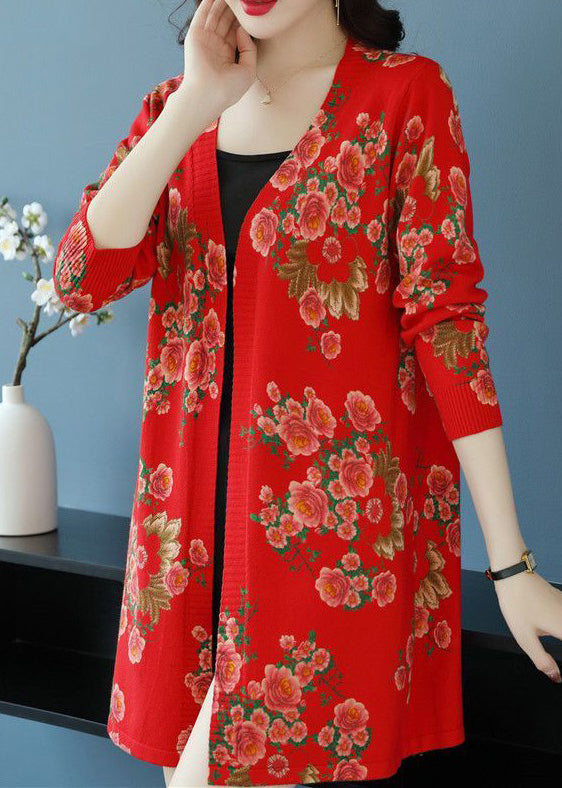 Red V Neck Print Wool Knit Cardigan Long Sleeve