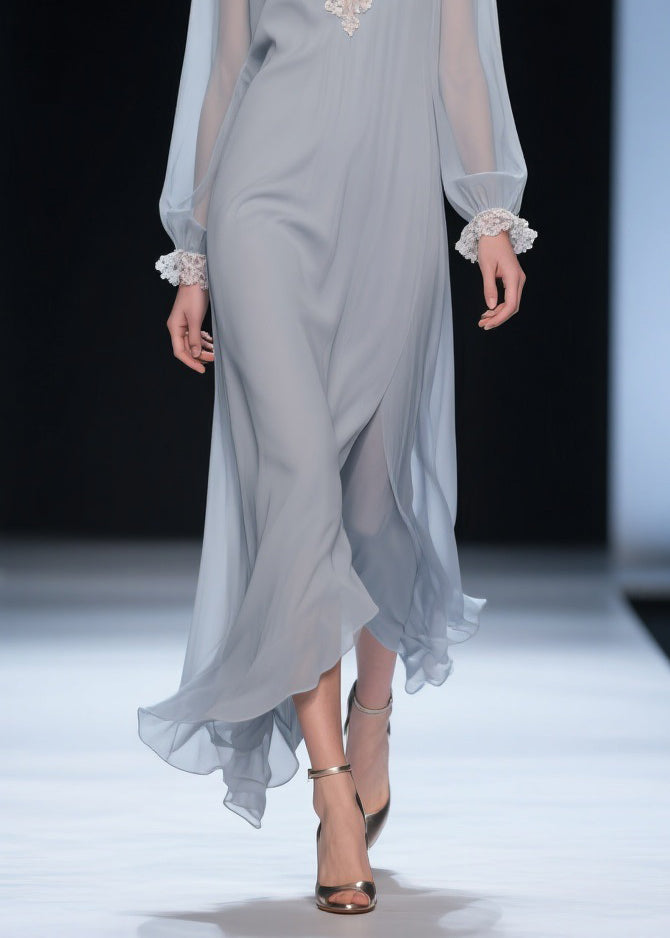 Grey Lace Chiffon Long Dress V Neck Butterfly Sleeve