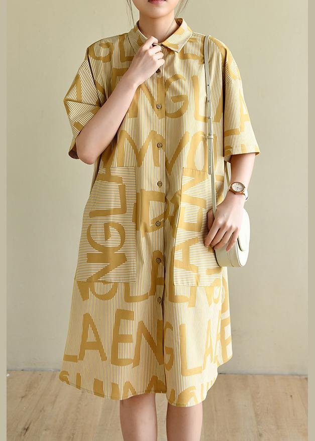 Yellow Cinched Peter Pan Collar Cotton Dress Graphic Dress