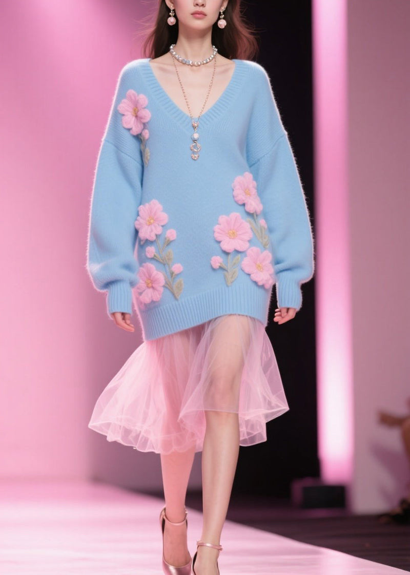 Blue V Neck Knit Pullover Winter