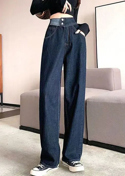 Modern Denim Blue Pockets High Waist Pants Fall