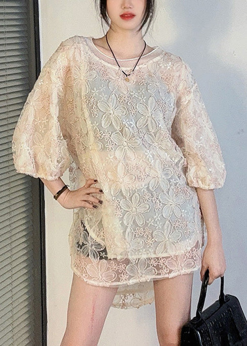 Apricot O-neck Side Open Lace Shirt Half Sleeve