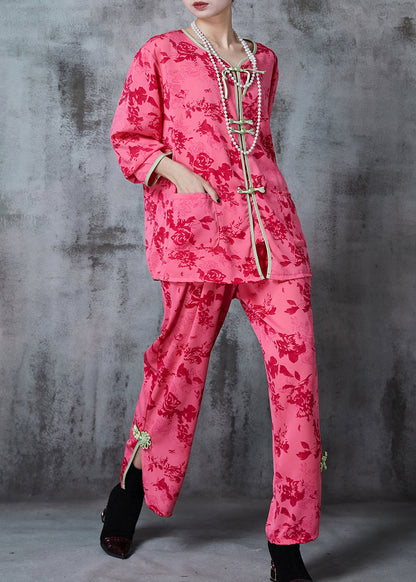 Red Print Chinese Button Cotton Two Pieces Set Summer