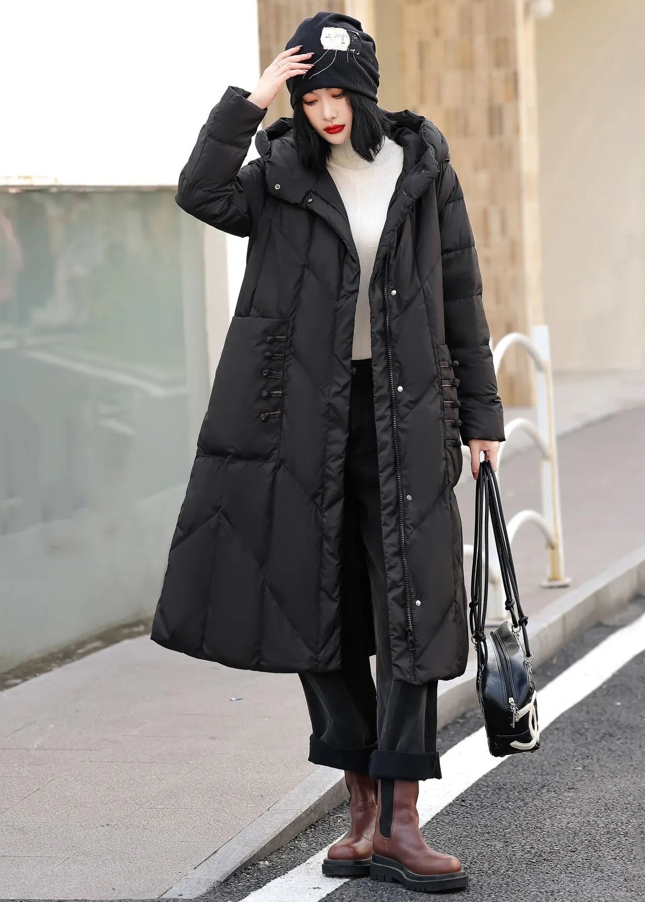 Coffee Zippered Pockets Duck Down Down Long Coat Hooded