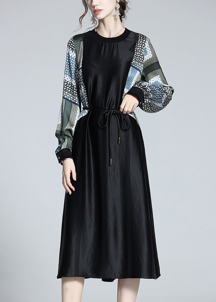 Black O-neck Print Patchwork Tie Waist Satin Vacation Long Dresses Long Sleeve
