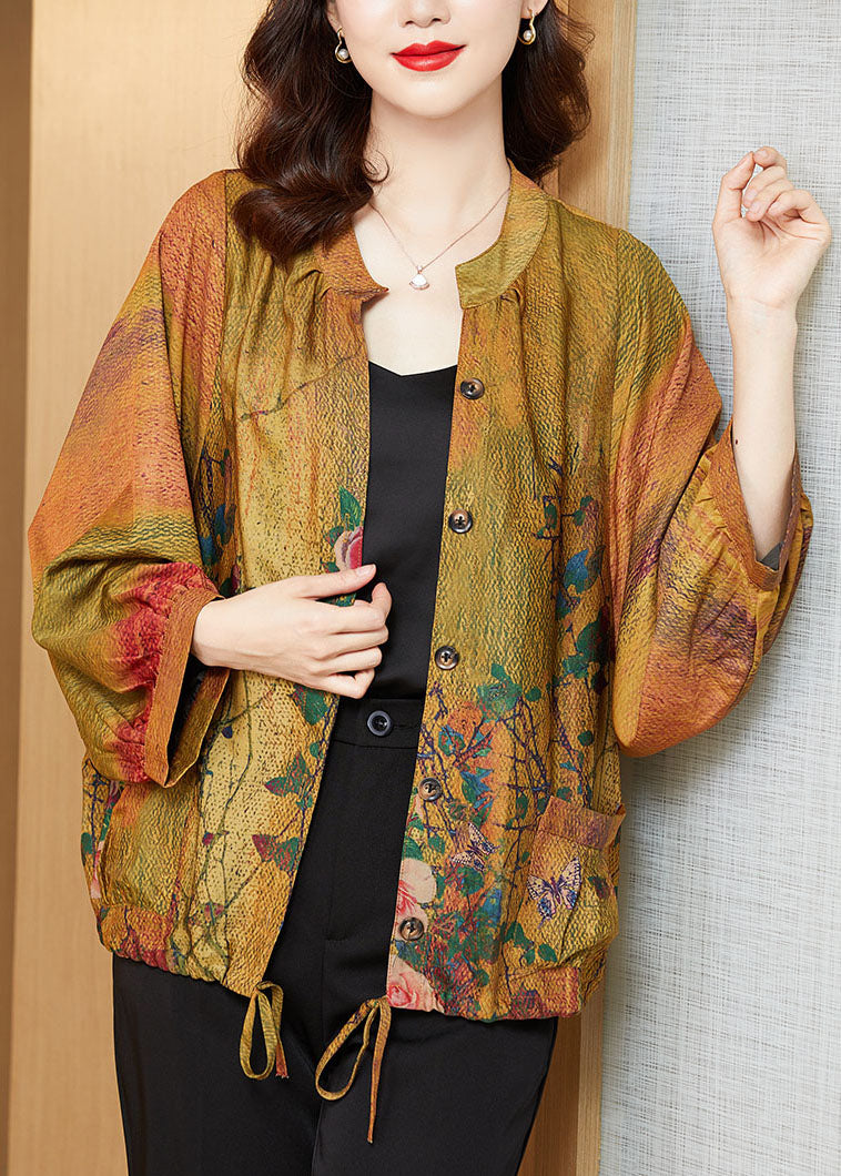 Yellow Drawstring Pockets Button Print Satin Coats Long Sleeve