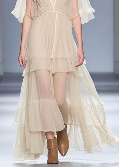 Apricot V Neck Exra Large Hem Silk Long Dress Summer