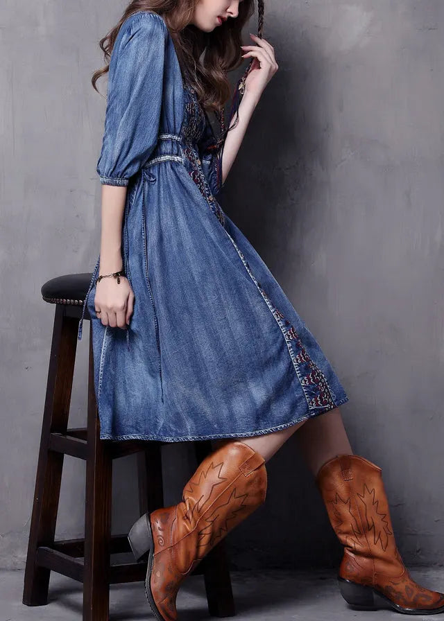 Blue V Neck Embroideried Cotton Vacation Denim Dresses Half Sleeve