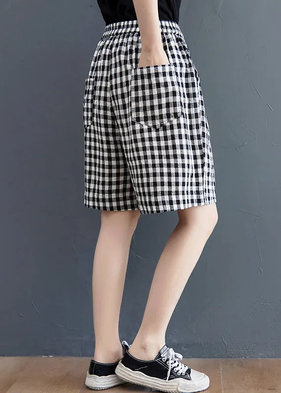 Stylish Black White Plaid Elastic Waist Pocket Hot Pants Summer