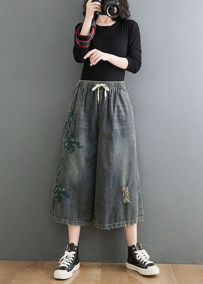 Blue Elastic Waist Drawstring Embroideried Pockets Cotton Denim Crop Pants Summer