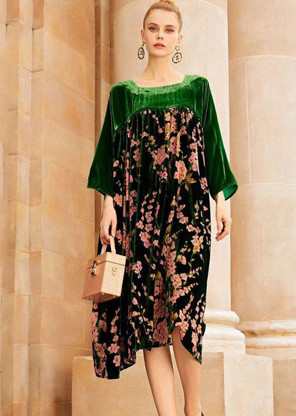 Unique Green O-neck Patchwork Print Silk Velour Long Dresses Bracelet Sleeve