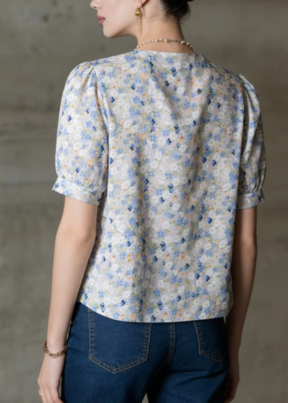 Peter Pan Collar Puff Sleeve Print Tops Summer