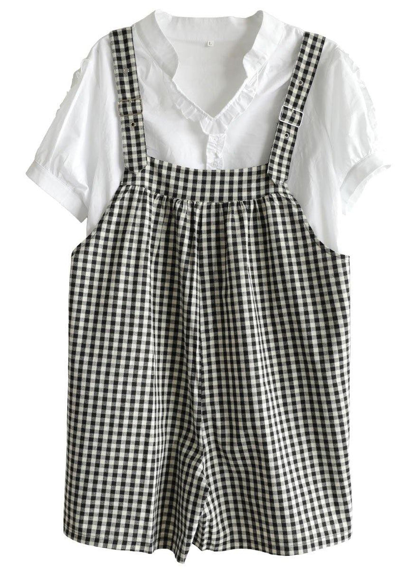 White V Neck Short Sleeve Plaid Carpenter Pants Summer Cotton Two Piece Suit Set