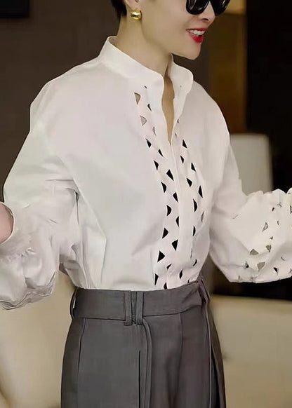 White Stand Collar Hollow Out Cotton Shirt Tops Fall