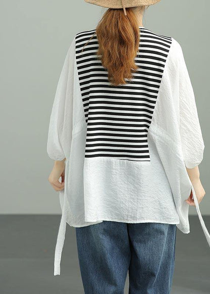Diy White Patchwork Striped Tie Waist Cotton Summer Top