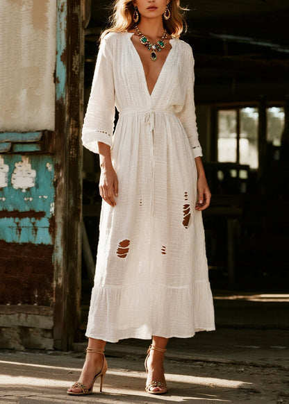 White V Neck Hollow Out Cotton Vacation Dresses Spring