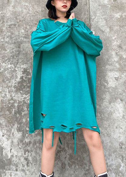 Simple Blue O-neck Loose Hole Fall Sweatshirt Street Wear