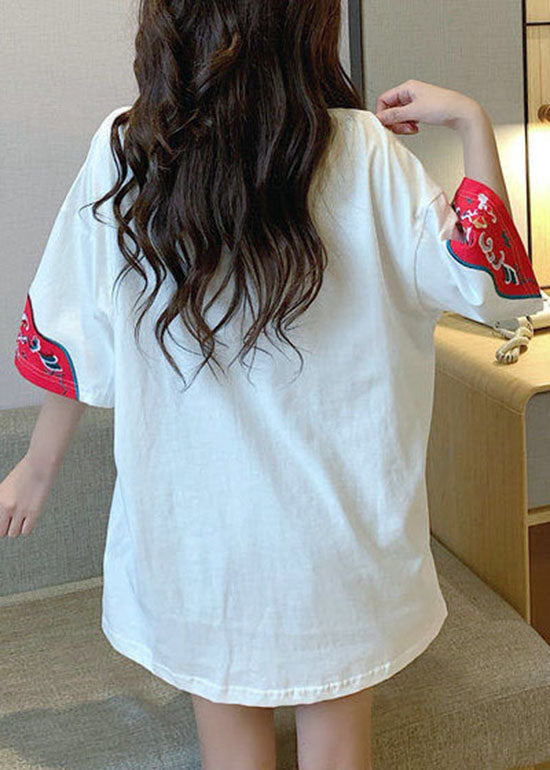 White O-neck Embroideried Tanks Short Sleeve