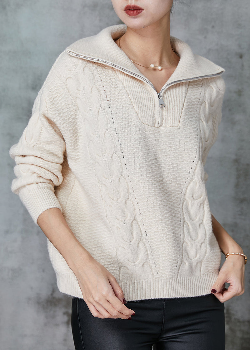 Apricot Zip Up Thick Knit Sweater Tops Spring
