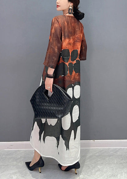 O-neck Cinched Print Long Dress Bracelet Sleeve