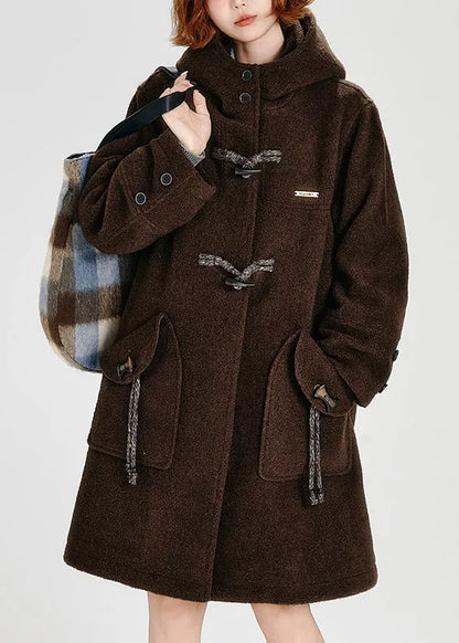 Coffee Pockets Button Woolen Hoodie Coat Winter