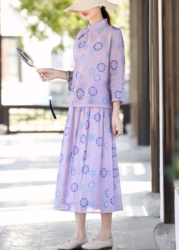 Purple Mandarin Collar Print Linen Two Pieces Set Summer
