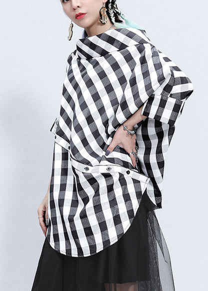 Plaid Stand Collar Asymmetrical Patchwork Button Linen Tops Batwing Sleeve