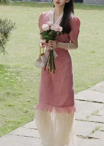 French Pink Tulle Patchwork Tops and Skirts Two Pieces Summer