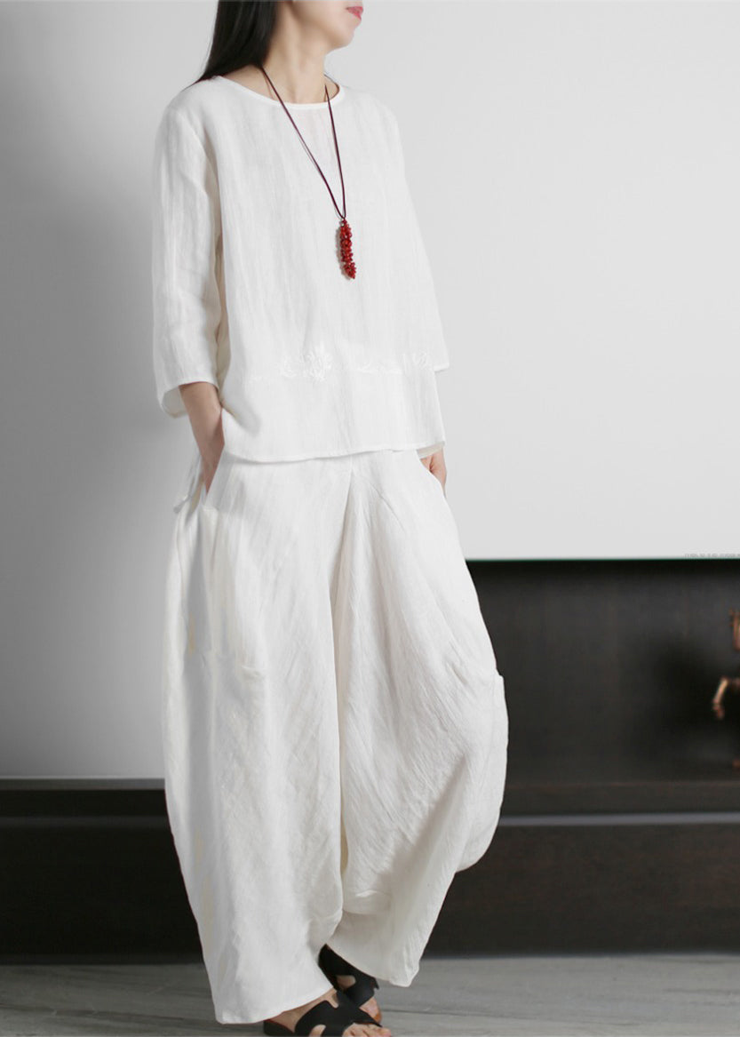 White O-neck Linen Tops and Harm Pants Two Pieces Set Three Quarter Sleeve