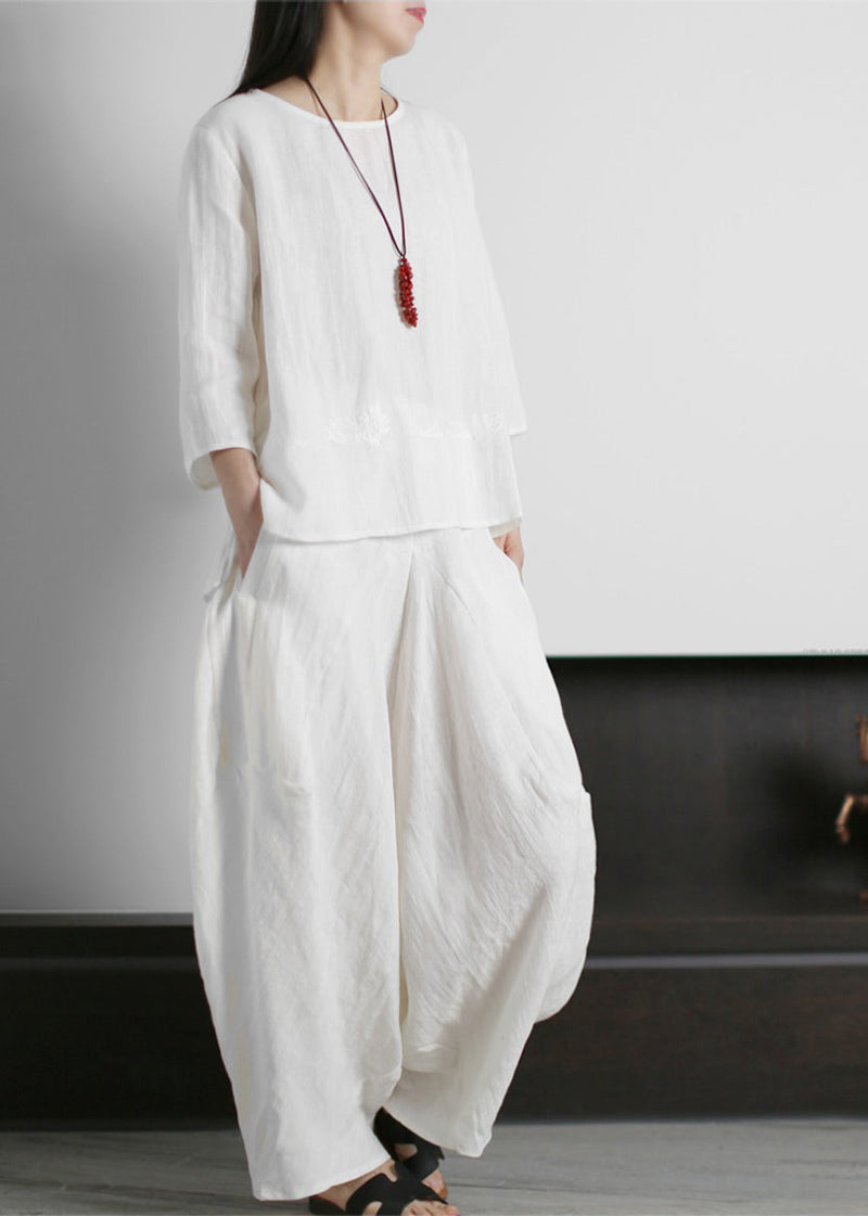 White O-neck Linen Tops and Harm Pants Two Pieces Set Three Quarter Sleeve