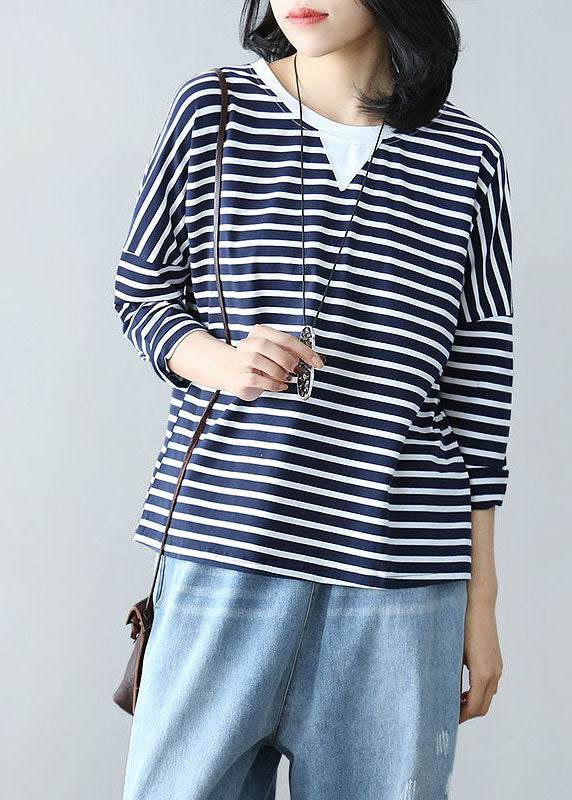 Navy Oversized Patchwork Striped Cotton Top Spring