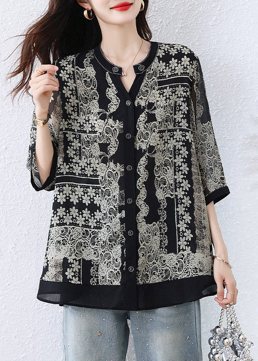 Black O-neck Print Button Shirts Fall