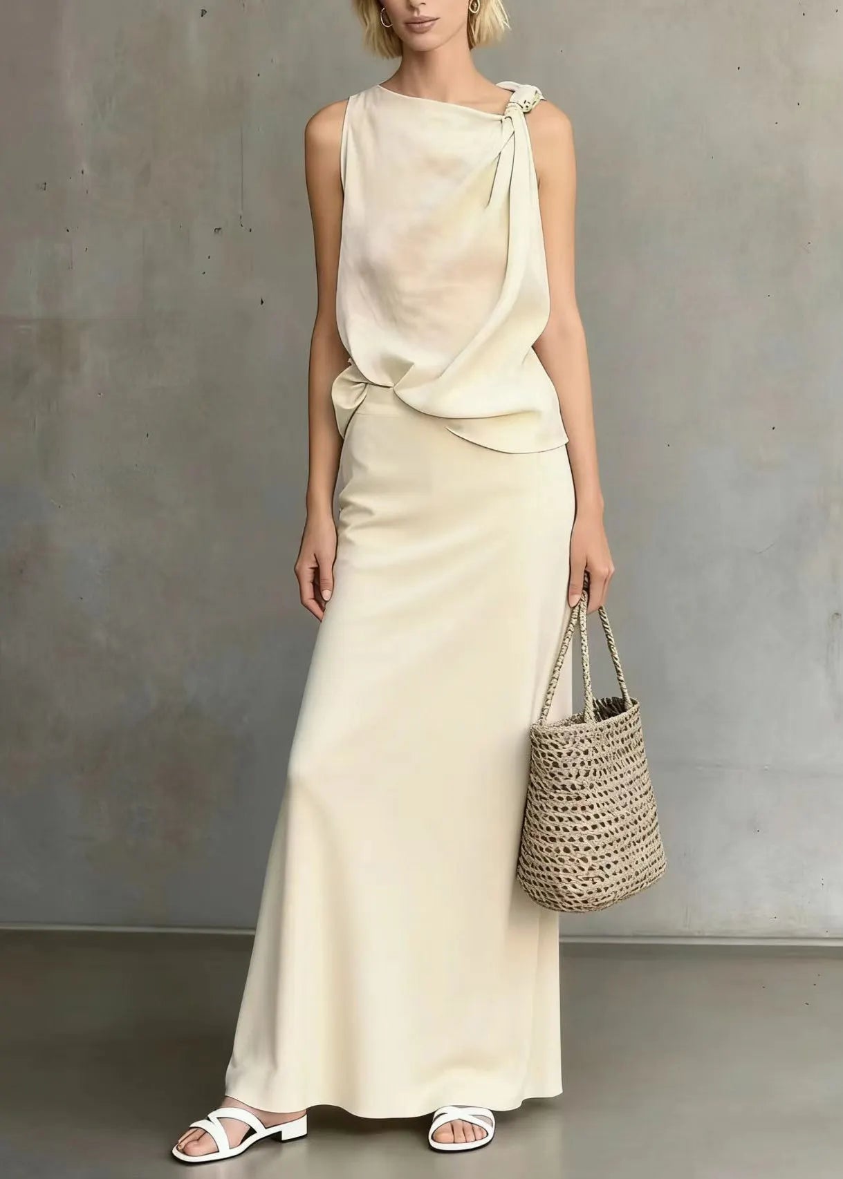 White Asymmetrical Shoulder Knotted Cotton Two Pieces Set Sleeveless