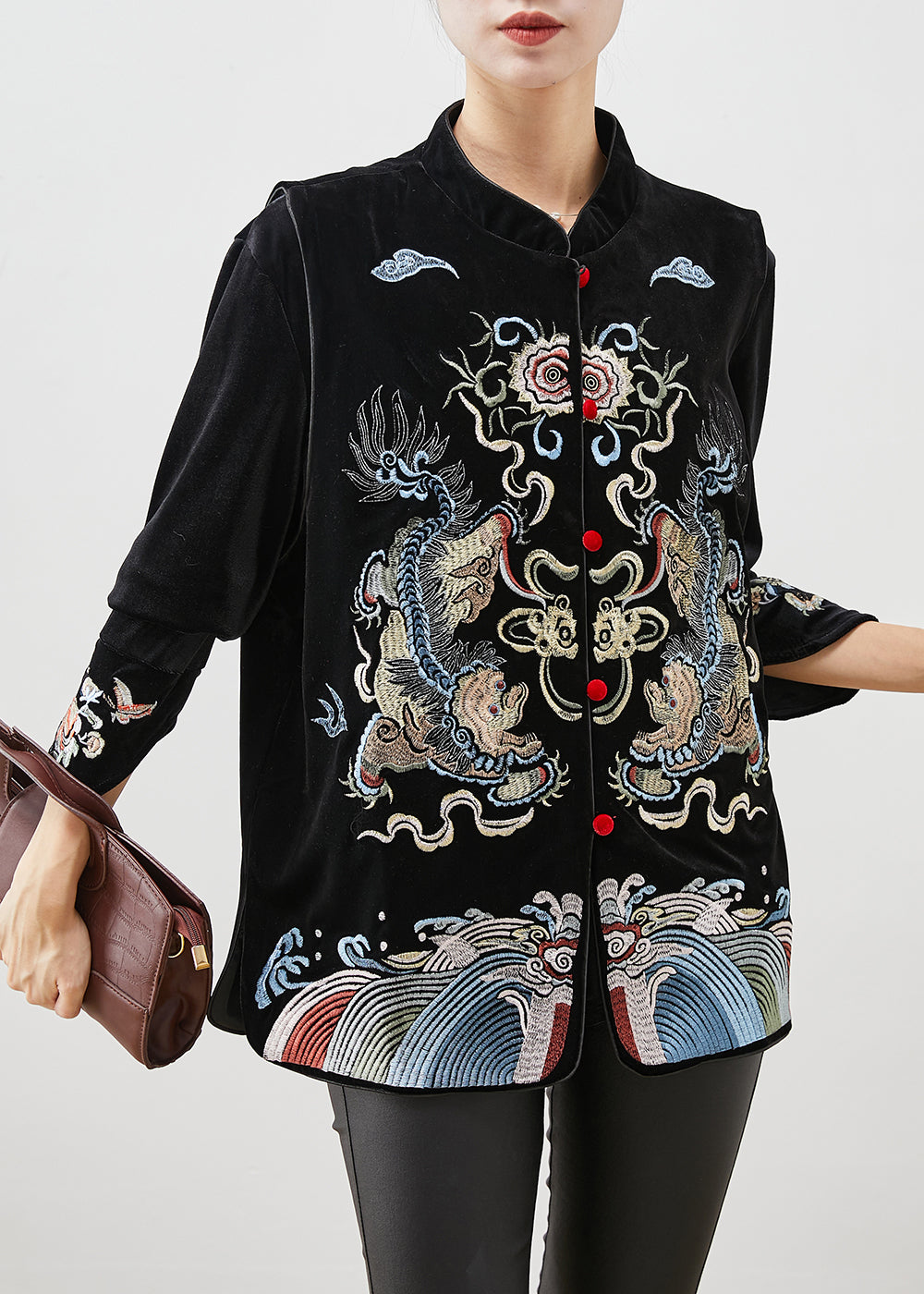 Black Embroideried Silk Velour Shirt and Vest Two Pieces Set Spring