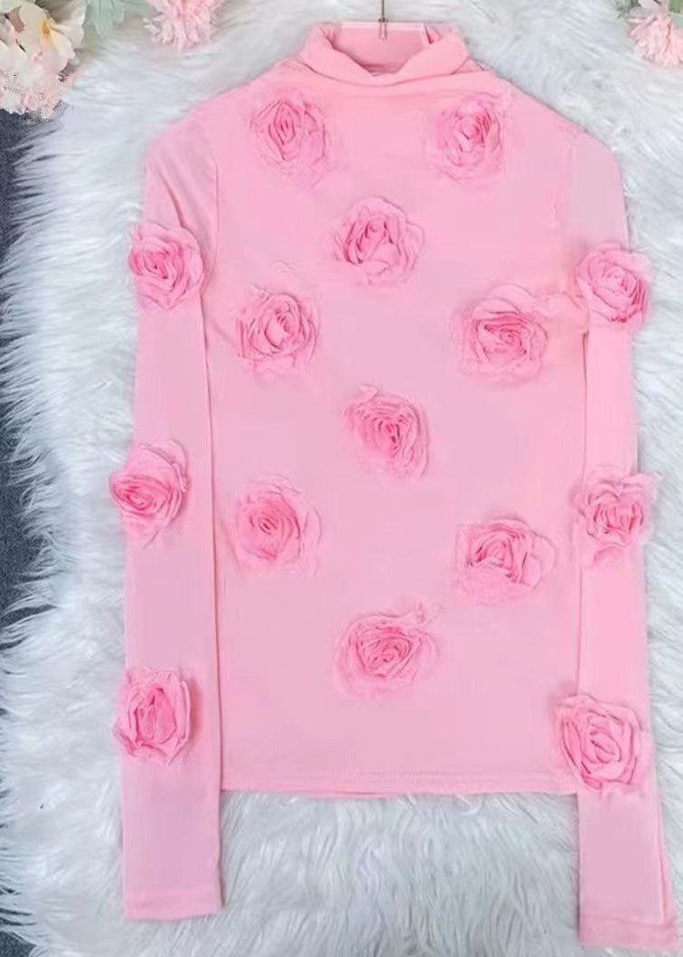 Pink Turtleneck Tulle Top Long Sleeve