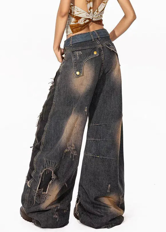 Denim Blue Pockets High Waist Ripped Jeans Fall