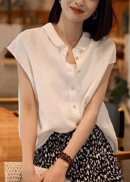Loose White Peter Pan Collar Button Linen Shirt Summer