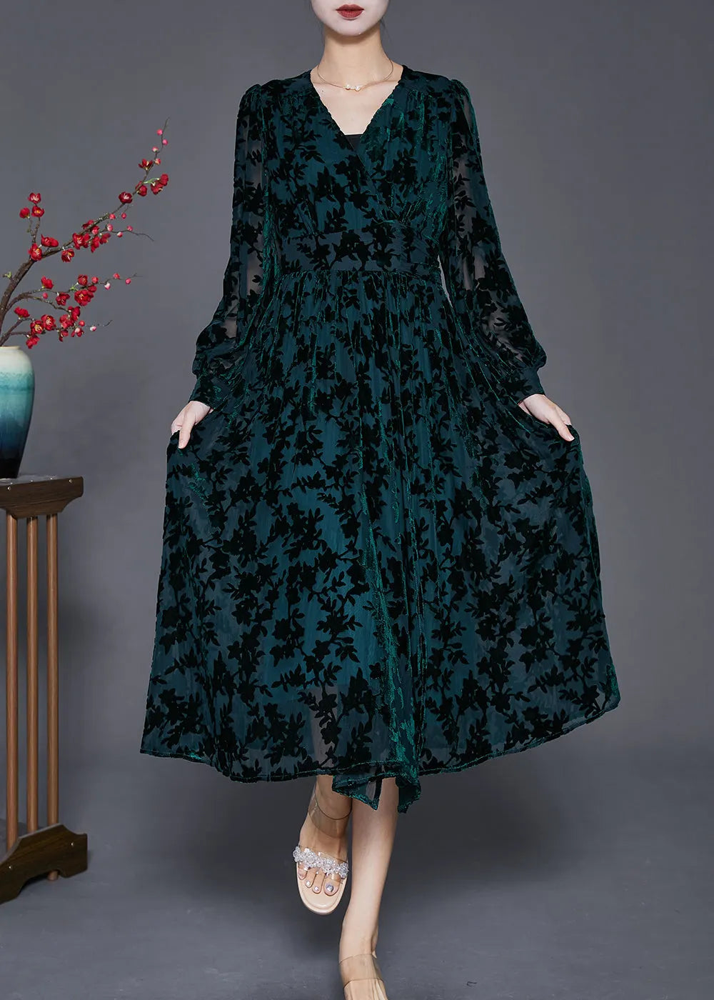 Classy Blackish Green V Neck Jacquard Silk Velour Vacation Dresses Fall