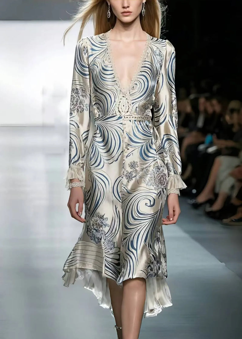 Silm Fit White V Neck Print Silk Long Dress Spring