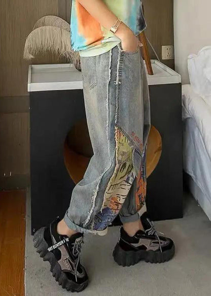 Light Blue Print Patchwork Sashes High Waist Crop Jeans Summer