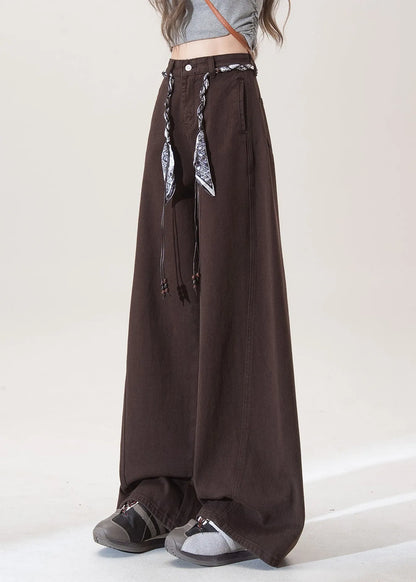 French Chocolate Pockets High Waist Denim Straight Pants Fall