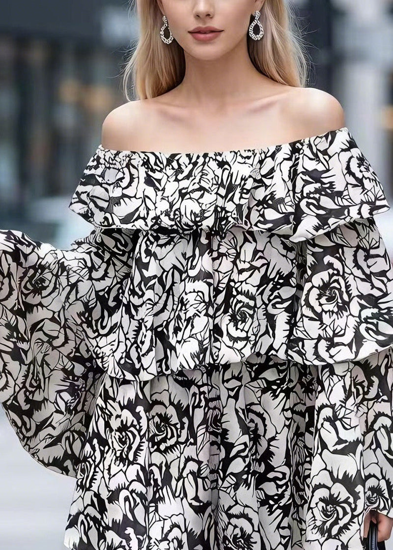 Spring New Chiffon Printed One Word Neck Bat Sleeve Ruffle Edge Top
