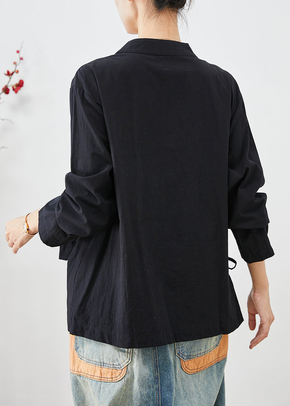 Black Lace Up Chinese Button Cotton Blouse Top Fall