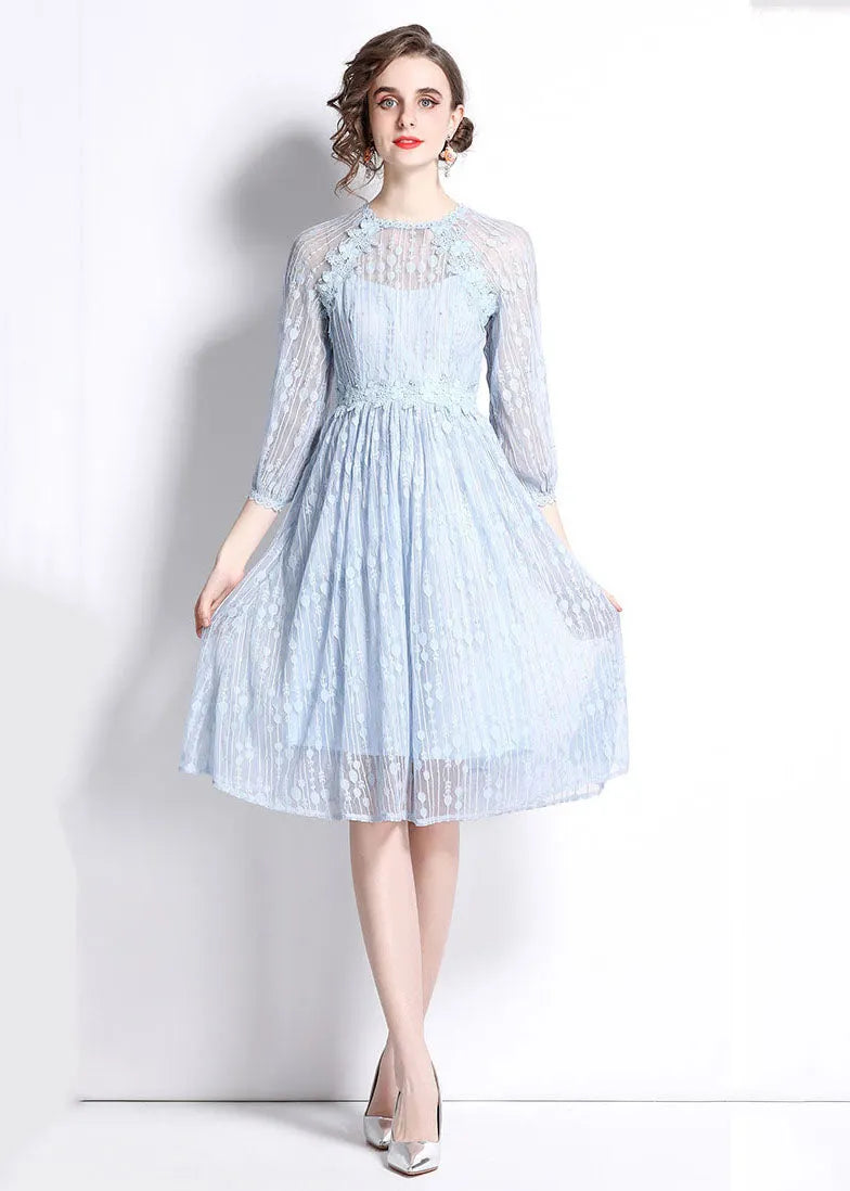 Stylish Light Blue Embroideried Patchwork Lace Cinch Dress Bracelet Sleeve