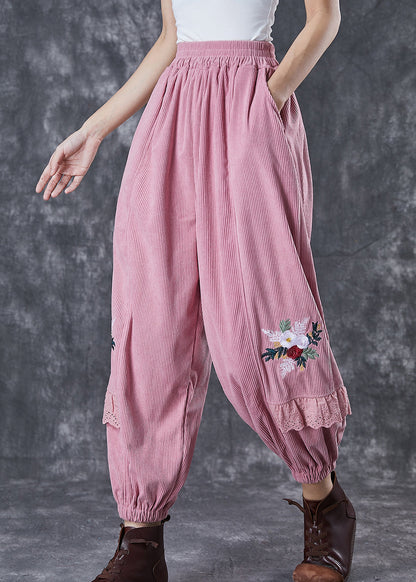 Pink Patchwork Corduroy Harem Pants Embroideried Fall