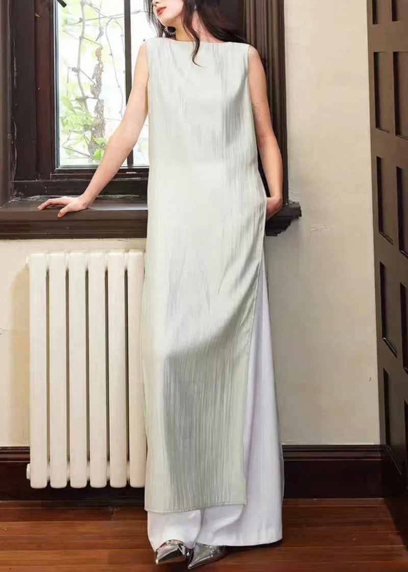 Italian Blue Side Open Tops and White Pants Cotton Two-piece Set Sleeveless